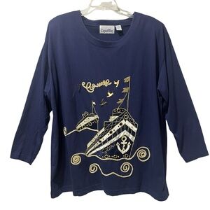 Capistrano Women’s shirt Size 22/24 Navy Blue Gold Embellishments Travel Long